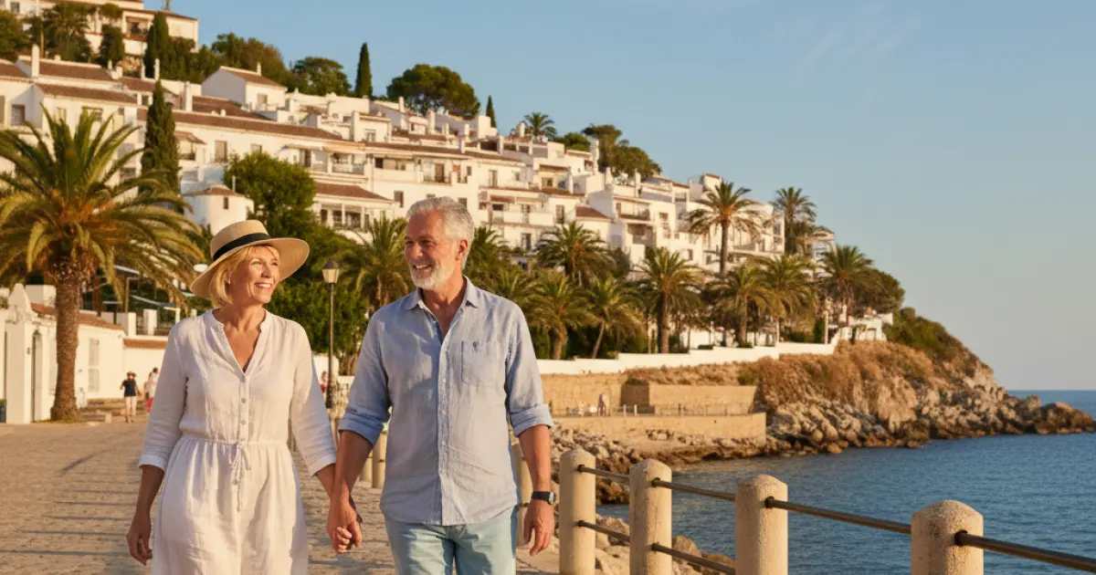 pourquoi-choisir-espagne-retraite-qualite-vie Couple de retraités marchant en bord de mer dans une ville côtière espagnole, illustrant la qualité de vie, l’accessibilité et la projection concrète d’une retraite en Espagne.
