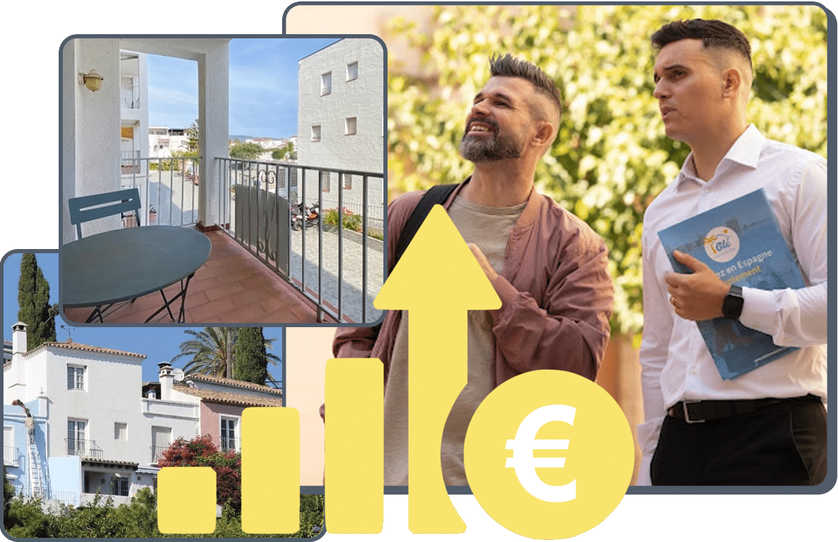 Appartements en Espagne et un chasseur immobilier avec son client qui regardent une façade d'immeuble