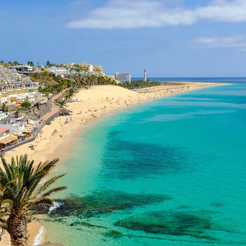 Plage de Morro Jable, Fuerteventura Plage de sable doré à Morro Jable, Fuerteventura, bordée par des palmiers et des eaux cristallines
