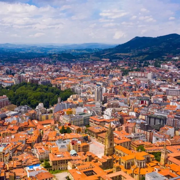 Vue aérienne d'une ville espagnole avec toits rouges et montagnes en arrière-plan