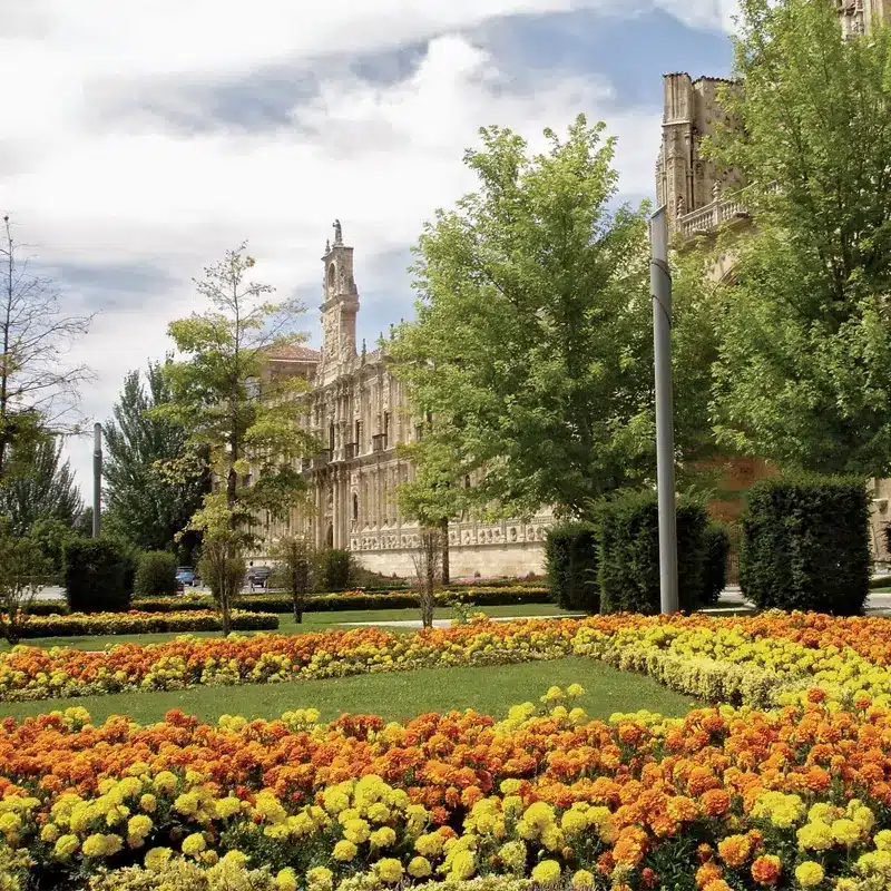 Espace vert avec fleurs éclatantes et architecture historique en arrière-plan