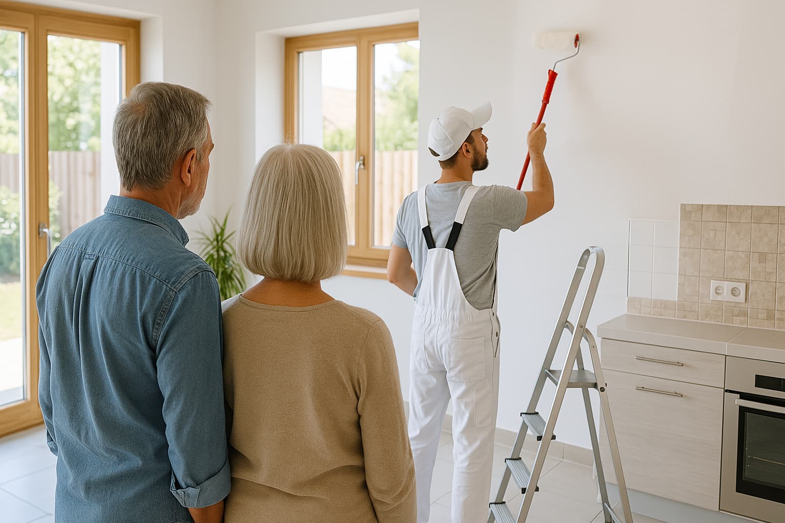 Couple devant quelqu'un qui repeint une maison