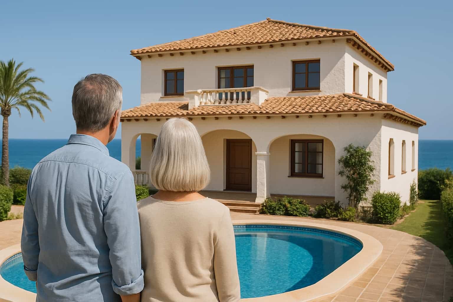 Couple senior visitant une villa en bord de mer avec piscine en Espagne