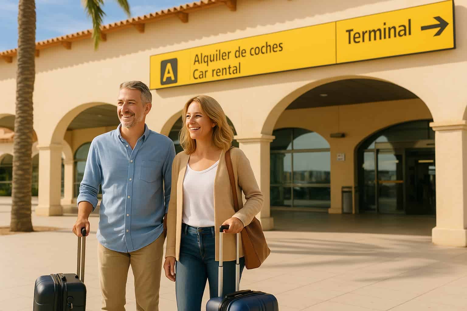 Début d’un séjour en Espagne pour un couple avec valises à l’aéroport