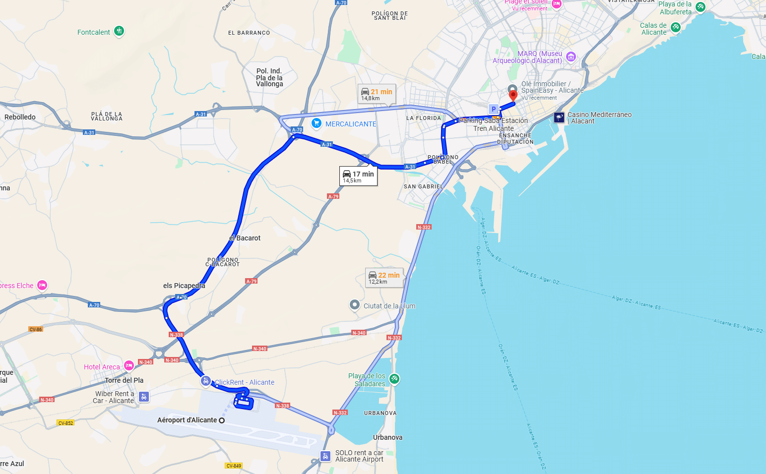 Impression écran du trajet entre Alicante et son aéroport. Le temps de trajet en voiture est de 17 minutes