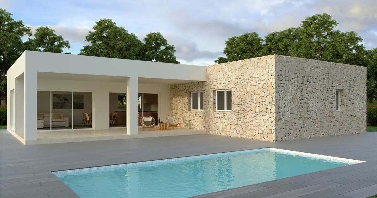 Villa contemporaine avec terrasse couverte, grandes baies vitrées et piscine au premier plan