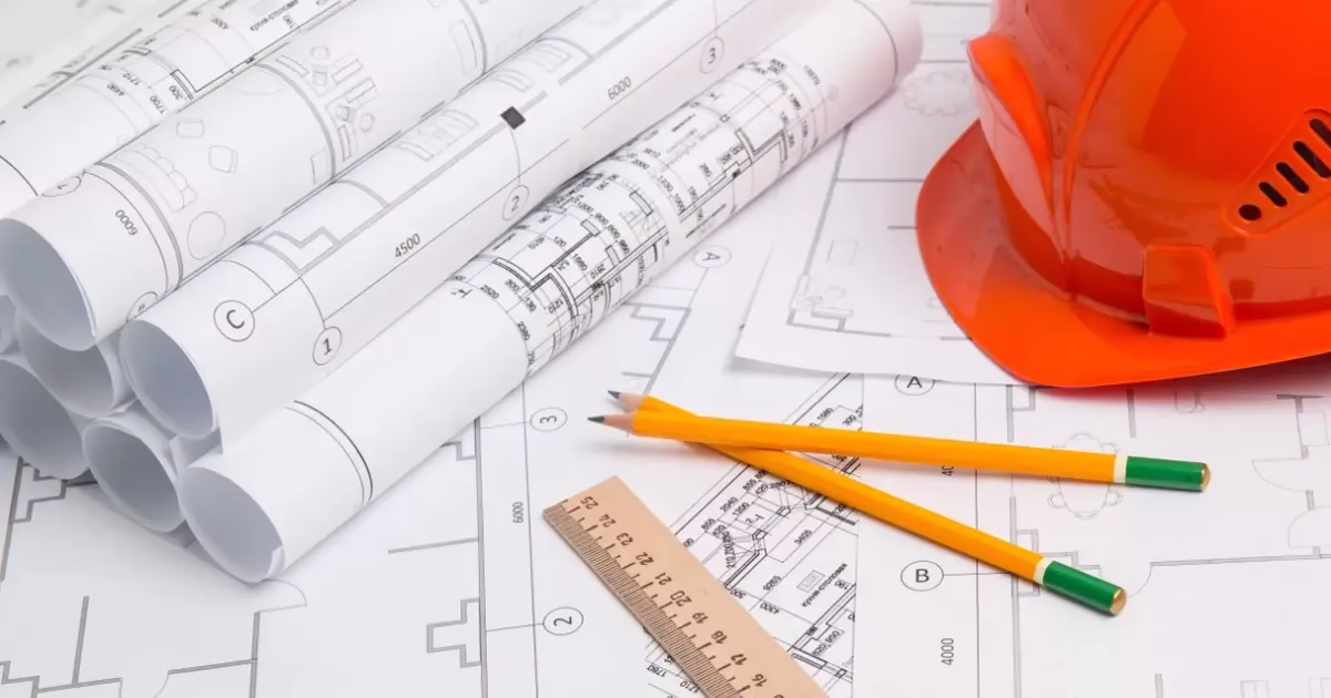 Plans d’architecte et casque de chantier posés sur des dessins techniques du cadastre, symbolisant la gestion et l’aménagement immobilier en Espagne.