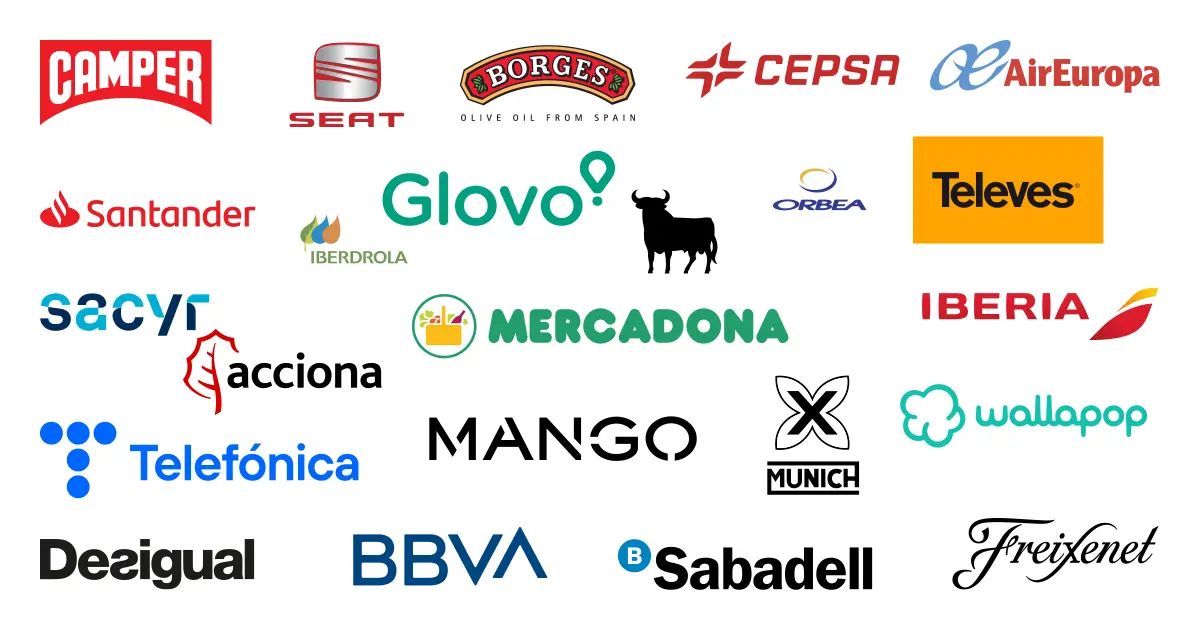 Patchwork de logos de grandes marques espagnoles comme SEAT, Iberia, Mango, Mercadona et Santander