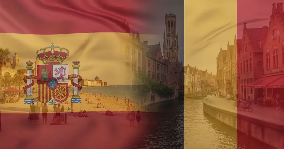 Comparatif immobilier entre l’Espagne et la Belgique avec superposition des drapeaux, illustrant les différences de prix et d’avantages pour les acheteurs