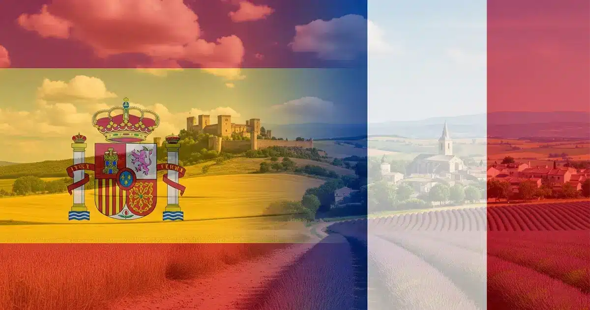 Comparaison immobilière Espagne vs France en 2025, avec drapeaux espagnol et français en arrière-plan.
