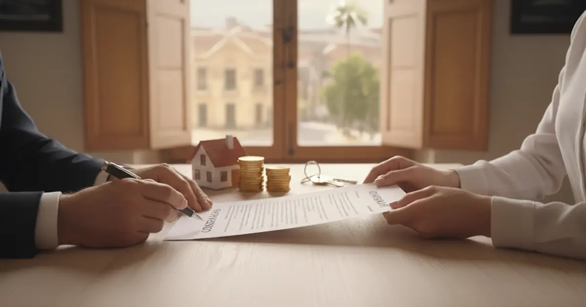 Signature d’un contrat de arras en Espagne avec miniature de maison et pièces de monnaie, illustrant la réservation d’un bien immobilier