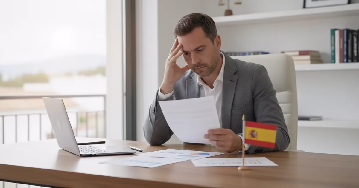 Homme préoccupé consultant des documents financiers sur la dette de copropriété en Espagne avant une vente immobilière