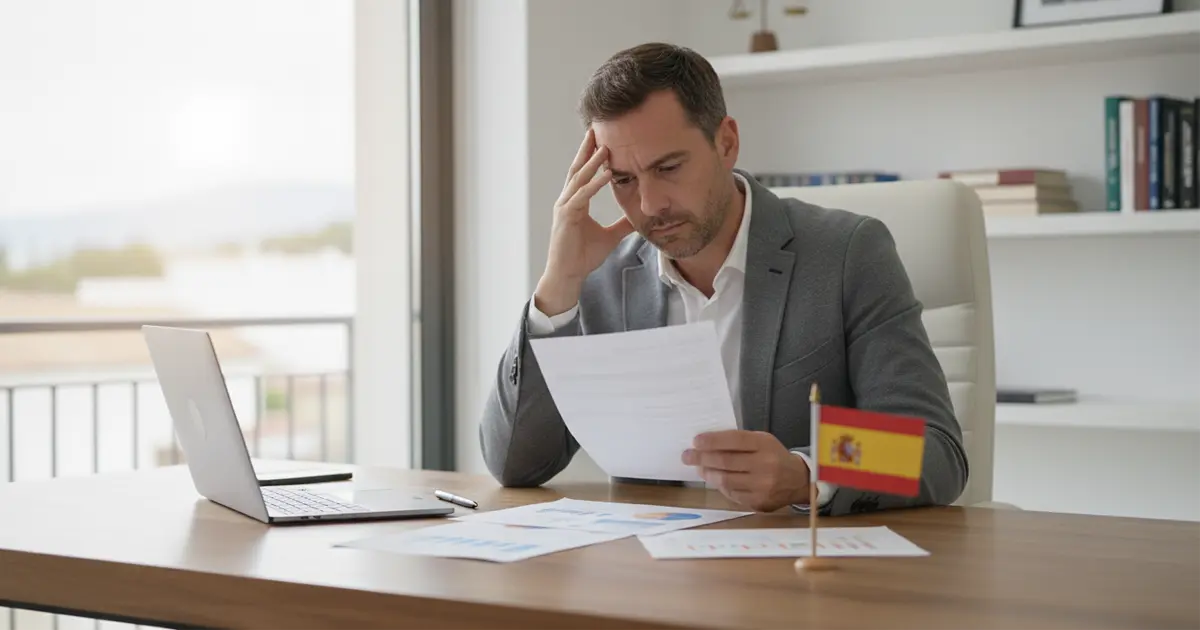Homme préoccupé consultant des documents financiers sur la dette de copropriété en Espagne avant une vente immobilière