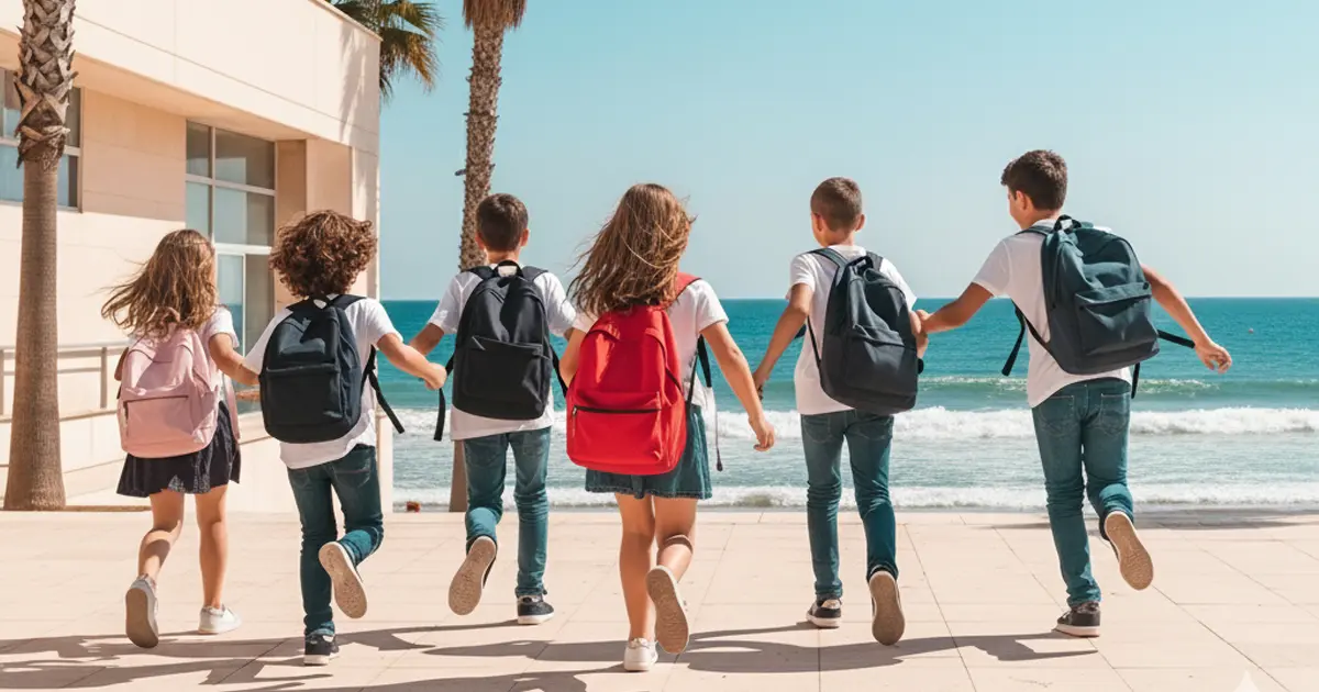 Groupe d’enfants avec cartables courant vers la plage, illustrant les vacances scolaires en Espagne en 2025