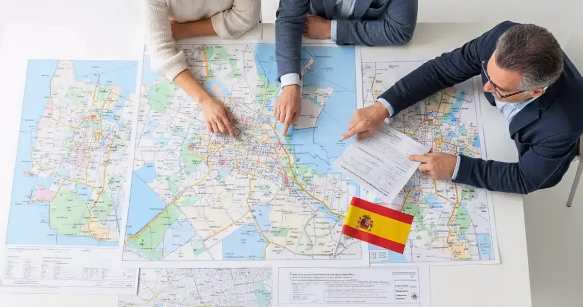 Acheteurs immobiliers analysant des cartes avec un conseiller en Espagne, illustrant le calcul de la valeur de référence cadastrale pour les impôts