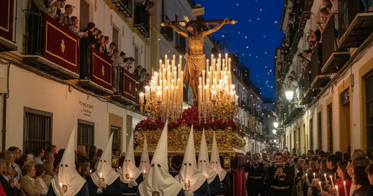 Procession nocturne de la Semaine Sainte en Espagne avec porteurs de capirotes blancs et croix illuminée de cierges