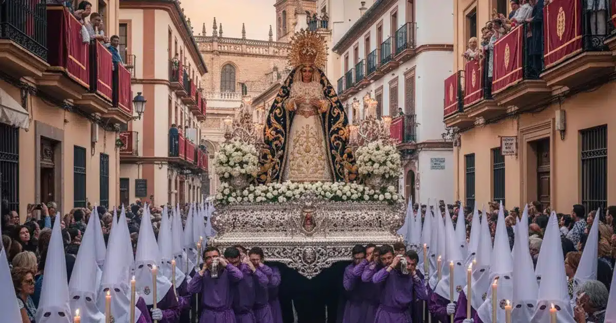 Procession de la Semaine Sainte à Séville avec porteurs, cierges et statue de la Vierge entourée de fidèles