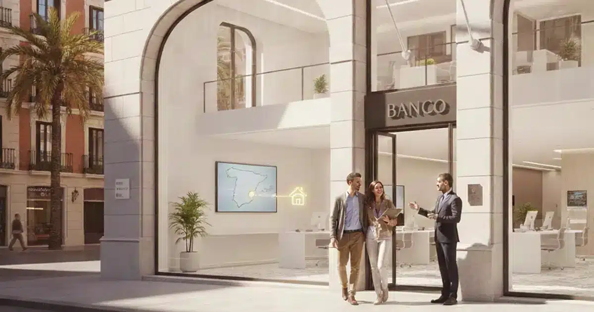 Couple quittant une banque espagnole après un rendez-vous pour un crédit immobilier, symbole du financement des non-résidents en Espagne