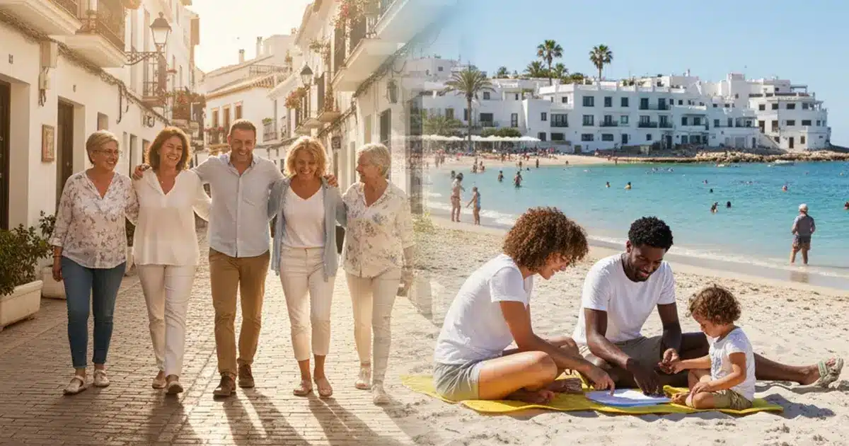 Groupe de personnes se promenant dans une ville espagnole et famille sur la plage, illustrant la question « où vivre en Espagne » et le choix des villes les plus heureuses en 2025.