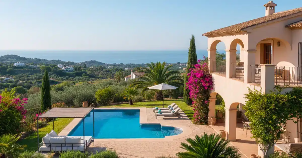 Villa méditerranéenne avec piscine et vue sur la mer, illustrant le marché de la location longue durée en Espagne en 2025