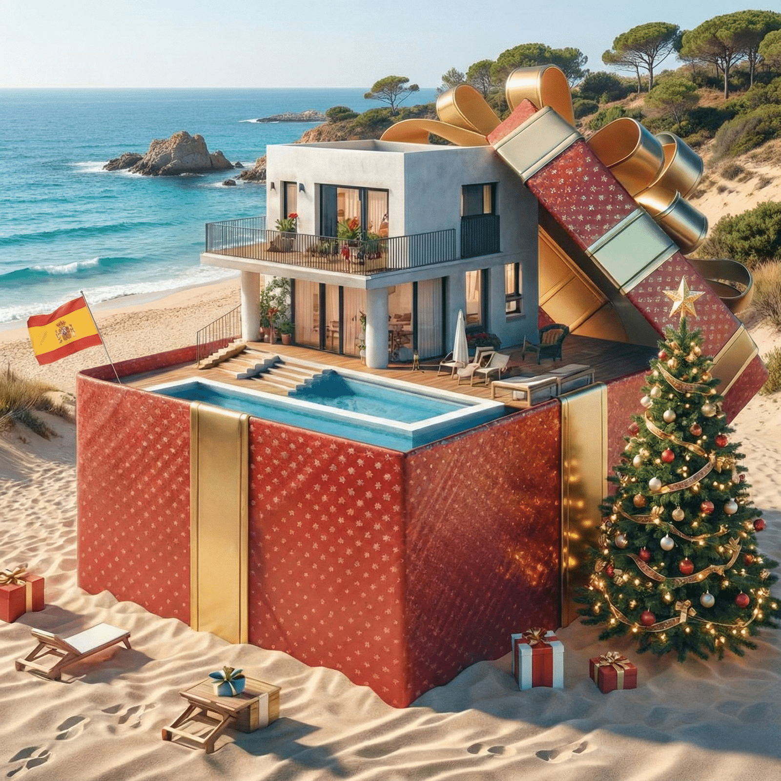 Maison dans un cadeau sur une plage. On peut voir un sapin et des cadeaux autour