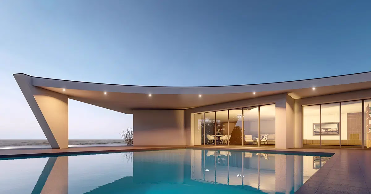 Villa moderne en Espagne avec piscine, illustrant un guide sur les hypothèques pour francophones résidents ou non-résidents