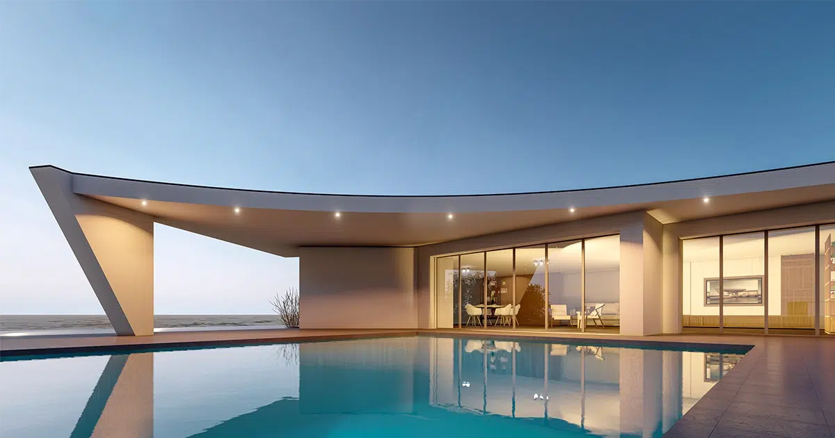 Villa moderne en Espagne avec piscine, illustrant un guide sur les hypothèques pour francophones résidents ou non-résidents