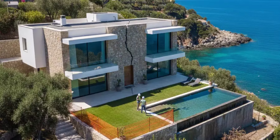 Villa moderne en Espagne présentant des situations fréquentes à surveiller avant l’achat immobilier, notamment les risques liés à la conformité et aux autorisations administratives.