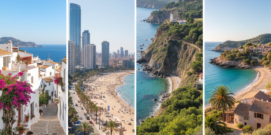 choisir-region-espagne-installation Panorama de plusieurs régions espagnoles, ville côtière, plage urbaine, côte sauvage et village méditerranéen, illustrant les différentes options pour choisir où s’installer en Espagne.