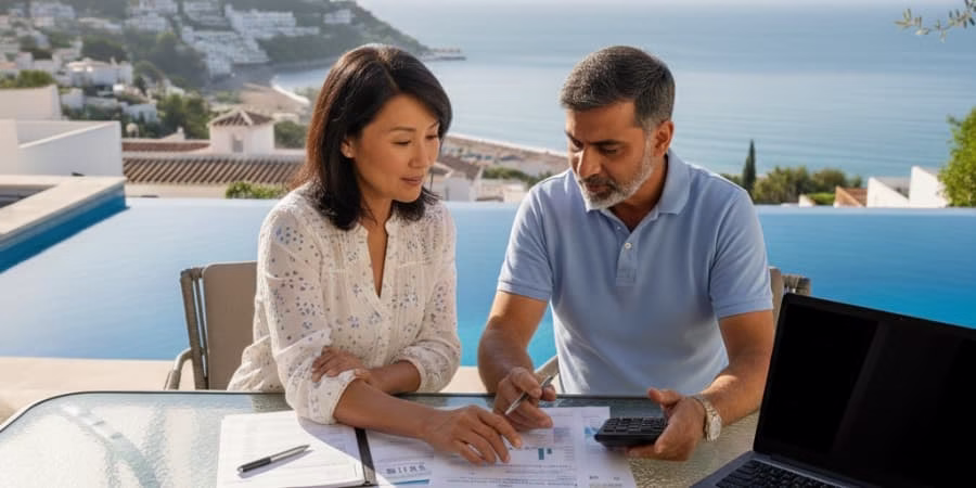 implications-fiscales-installation-espagne-retraites Couple de futurs retraités analysant des documents fiscaux avec une calculatrice avant de s’installer en Espagne, illustrant la préparation fiscale préalable à l’expatriation.