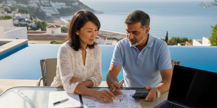 Couple de futurs retraités analysant des documents fiscaux avec une calculatrice avant de s’installer en Espagne, illustrant la préparation fiscale préalable à l’expatriation.