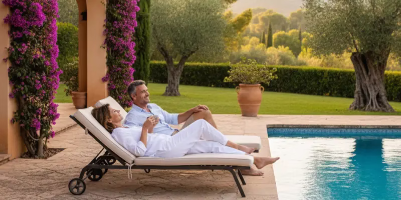 Couple sur des transats au pour d'une piscine en Espagne