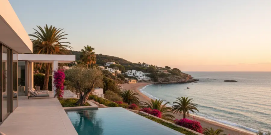 precautions-erreurs-eviter-avant-sinstaller-espagne Vue d’une villa en bord de mer en Espagne au coucher du soleil, illustrant les précautions et erreurs à éviter avant de se lancer dans un projet d’installation ou d’investissement immobilier.