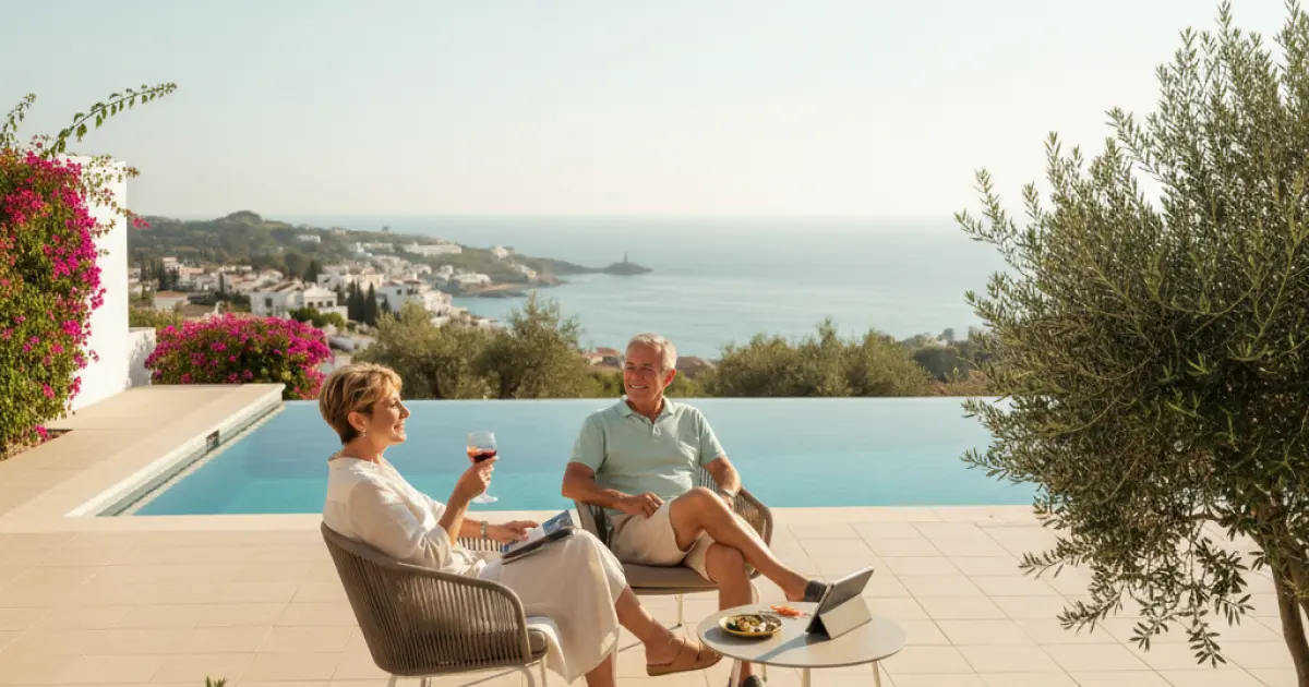 retraite-espagne-guide-complet-francais Couple de retraités français profitant de leur retraite en Espagne sur une terrasse avec vue sur la mer, illustrant la qualité de vie et l’attractivité du pays pour les seniors.