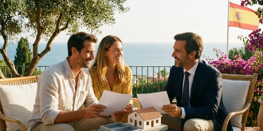 Application des conventions fiscales internationales pour les pensions de retraite en Espagne : échange entre acheteurs et conseiller illustrant la distinction entre pensions publiques et privées selon les accords bilatéraux.