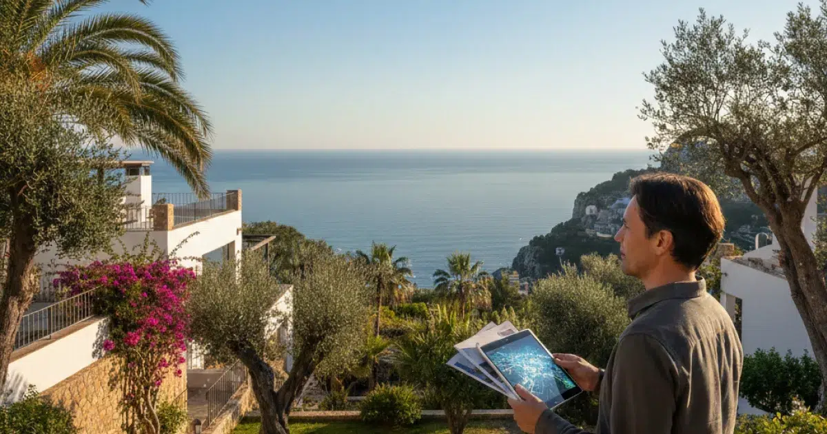 Investisseur analysant le marché immobilier en Espagne face à la mer Méditerranée, réflexion sur les risques réels et la perception médiatique française en 2026.