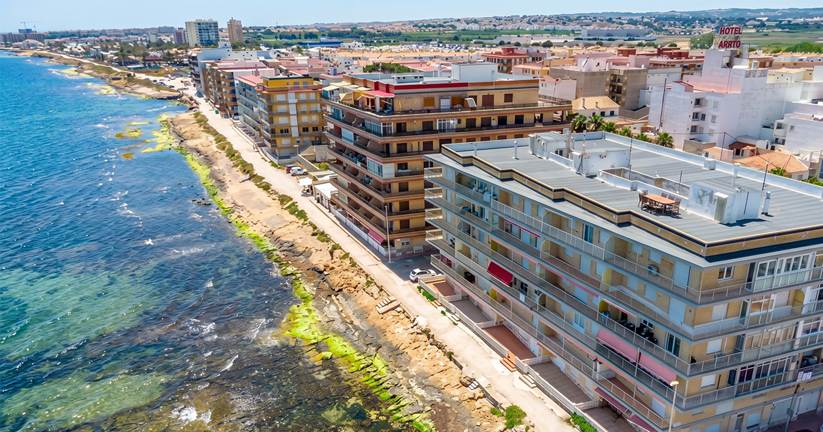 Immeuble en bord de mer à Torrevieja avec vue directe sur la Méditerranée, environnement côtier recherché pour investissement immobilier en Espagne.